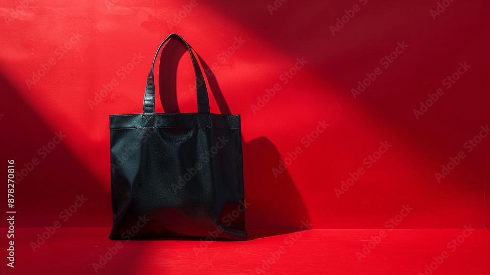 Wall mural Black tote paper bag on red background