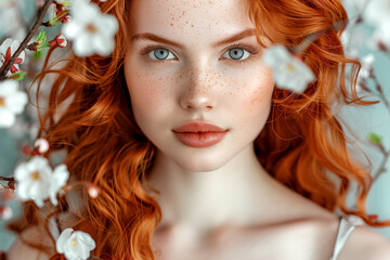 A woman with red hair and blue eyes is standing in front of a tree with white flowers. The image has a dreamy, ethereal quality to it, as if the woman is surrounded by a magical