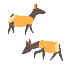 Siberian deers, decorative cartoon flat vector two maral forest animal isolated on white background, wild reindeer, simple illustration cute mammal for design children pattern, Christmas icon, map