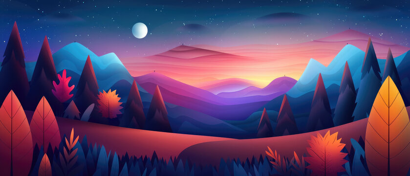 Flat design illustration of Halloween night sky over autumn mountains