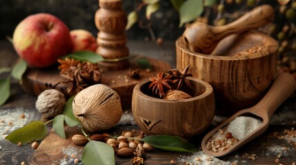 Rustic Composition with Wooden Bowls, Spices, and Fruits