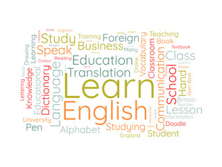 Learn English wordcloud template. Education concept vector background.