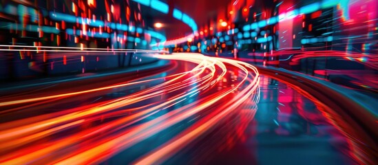 Vibrant neon light trails create a mesmerizing futuristic effect in this dynamic digital illustration. AIG62