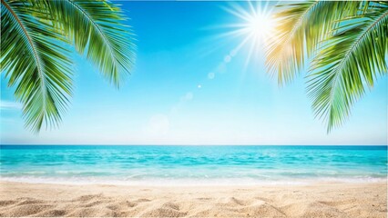 Obraz premium beautiful sand beach under palm leaves, horizon over the sparkling blue sea, idyllic summertime background concept with copy space, vacation in south sea idyll, empty nature on a cheerful day