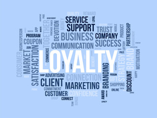 Loyalty wordcloud template. Progress management concept vector background.