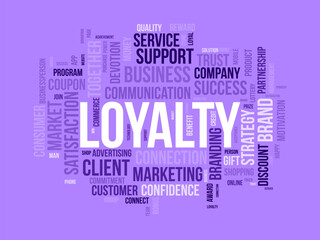 Loyalty wordcloud template. Progress management concept vector background.