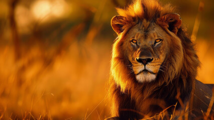 Fototapeta premium The Majesty of the Savannah: A Regal Lion Poses Amidst the Golden African Grasslands at Sunset
