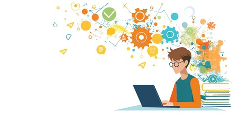 A creative illustration of a student using a laptop for an interactive elearning activity, with engaging animations and lively surroundings