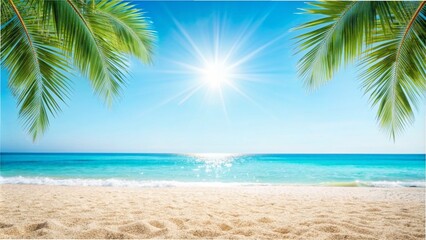 beautiful sand beach under palm leaves, horizon over the sparkling blue sea, idyllic summertime background concept with copy space, vacation in south sea idyll, empty nature on a cheerful day