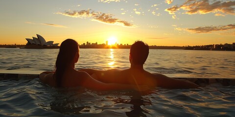 Fototapeta premium Couples getaway in an infinity pool with a backdrop of the Sydney Opera House