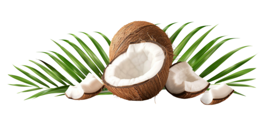 coconut cut in half with green leaves on white background.