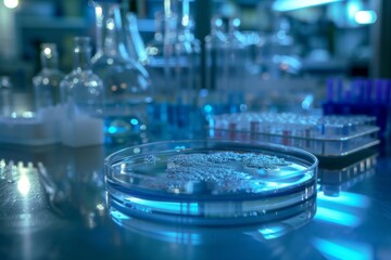 A petri dish containing virus cultures on a laboratory table, surrounded by other scientific instruments and substances.