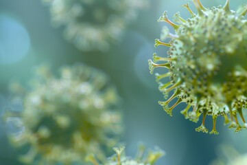 Green bacteria and viruses under a microscope on a blurred background. 3D illustration of microorganism cells.
