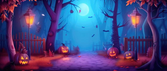 Fototapeta premium Flat design Halloween lanterns in autumn alley landscape.