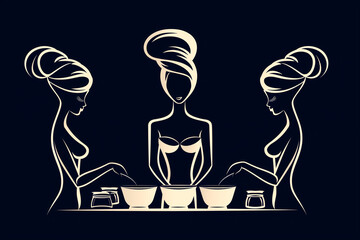 Three women are depicted in a black and white drawing, each with a towel draped over their head. The women are standing around a table with bowls and bottles, possibly preparing for a spa day