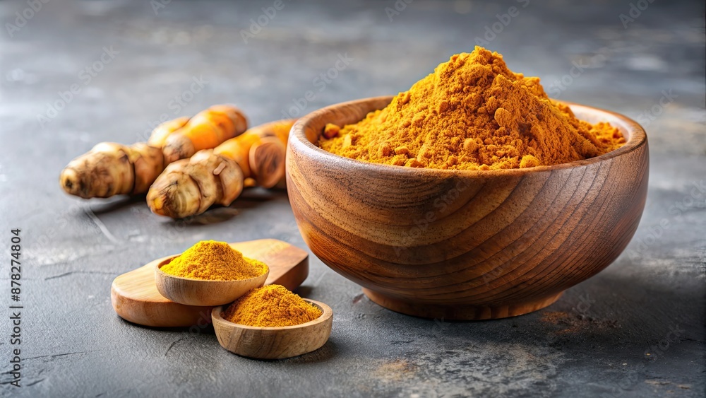 Sticker Turmeric powder and dried root in wooden bowl on grey background, Turmeric, spice, herb, ingredient, natural, organic