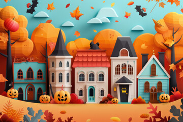 Flat design Halloween parade in autumn town concept