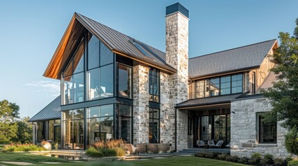 Fototapeta premium Modern farmhouse with a blend of stone and wood exterior materials, featuring large, reflective windows