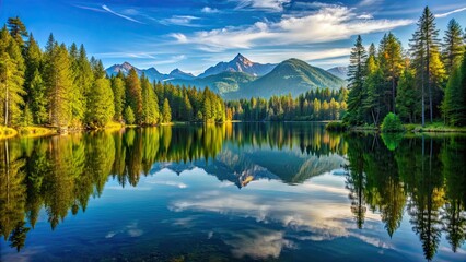 Fototapeta premium Beautiful lake surrounded by trees with reflections of mountains in the background, nature, scenery, lake, trees