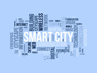 Smart City wordcloud template. Cityscape technology concept vector background.