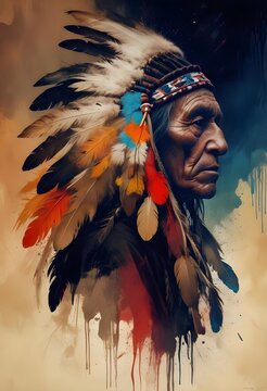 A cherokee warrior portrait  with feathers..
