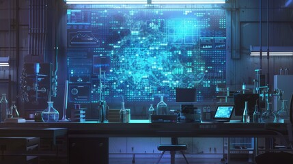 Fototapeta na wymiar futuristic laboratory setting with a large holographic display projecting a 3D model of a complex algorithm or neural network
