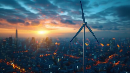 electric wind turbine close up in front of blurred downtown city on horizon, renewable energy for city concept