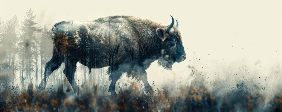 A lone bison walks through a misty forest.