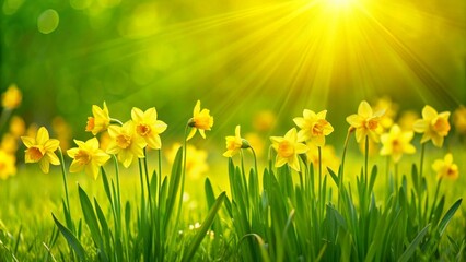 vibrant beautiful springtime meadow with yellow flowers, daffodils field in in spring on blurred  green background, sunshine in the easter garden © mamo studios