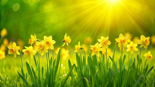 vibrant beautiful springtime meadow with yellow flowers, daffodils field in in spring on blurred  green background, sunshine in the easter garden