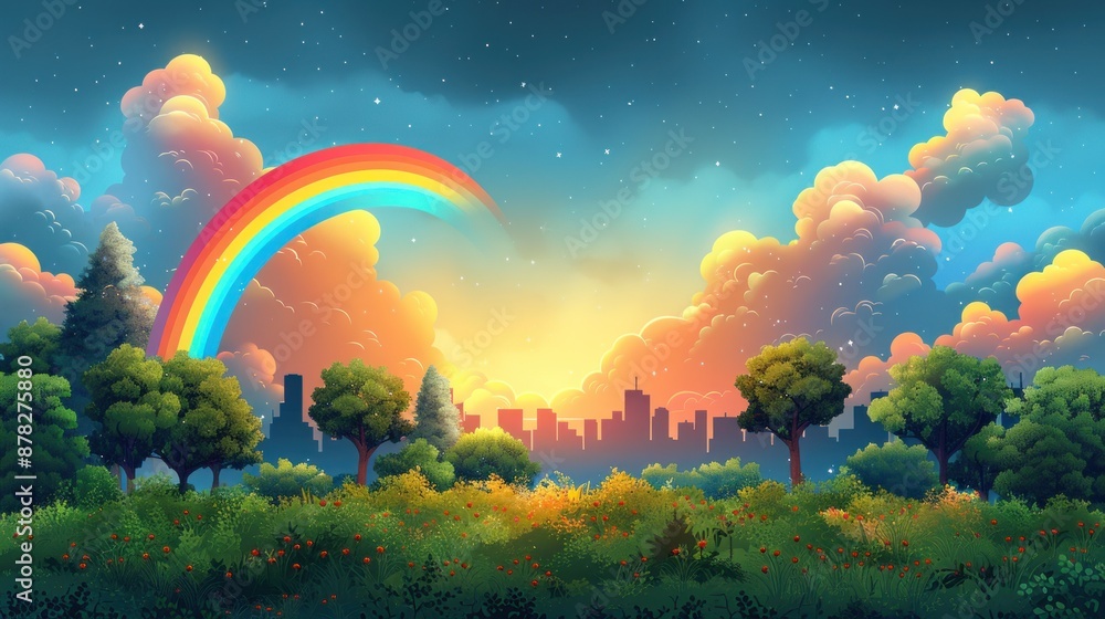 Wall mural Rainbow Sky Above Cityscape