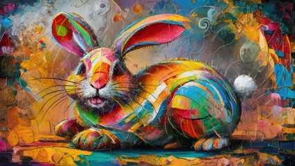 Fototapeta premium A painting of a colorful rabbit sitting on top of an abstract background, AI