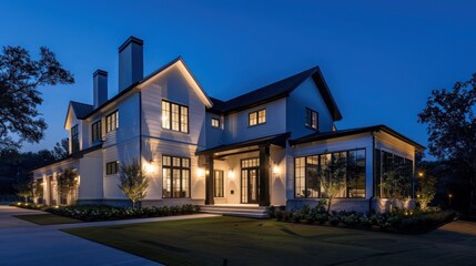 Naklejka premium Modern suburban farmhouse exterior at night, illuminated by elegant outdoor lighting that highlights its architectural features
