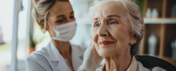 Female doctor wearing a mask administering a shot to an elderly woman in an office