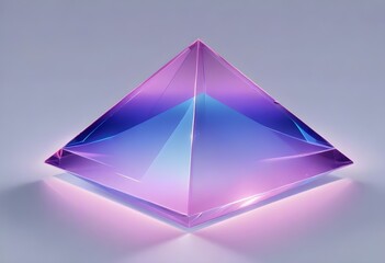 A large, transparent purple pyramid-shaped object with a blue and pink gradient effect, floating against a light gray background