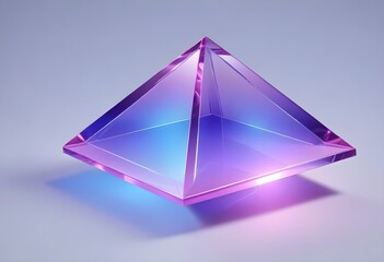A large, transparent purple pyramid-shaped object with a blue and pink gradient effect, floating against a light gray background