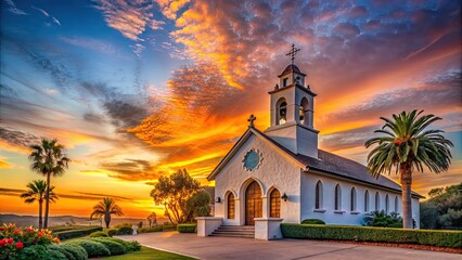 Naklejka premium Scenic old church at sunset in San Diego , church, sunset, San Diego, architecture, historic, religious, old