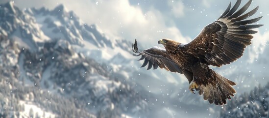 Obraz premium Golden Eagle Soaring Above Snowy Mountains