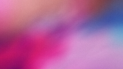 Ziarniste gradientowe tło w kolorach niebieski różowy fioletowy, szum tekstura na tapecie. Szablon baneru lub plakatu w stylu graficznym retro. Światła ledowe holo bokeh na projekcie okładki © Grainy background