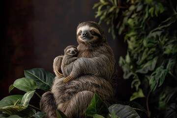 Obraz premium Mother sloth with her baby in the jungle. Dark background.