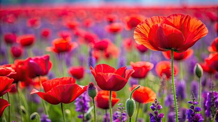 Obraz premium Field of vibrant red flowers with a touch of purple in the background, flowers, field, red, purple, vibrant, colorful, nature