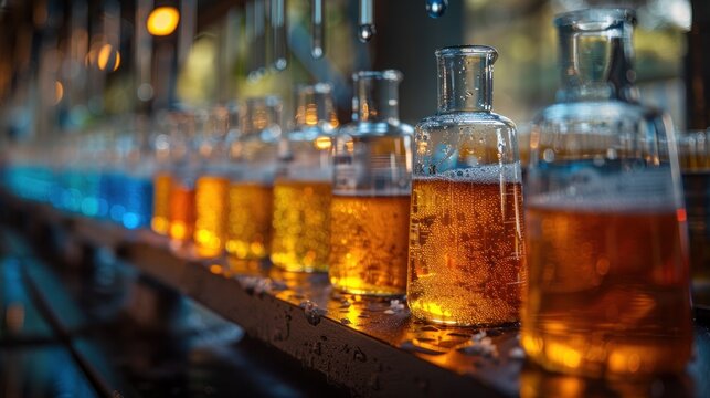 Golden Elixir: A Row of Beaker Filled with Liquid
