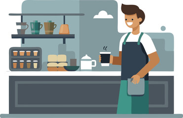 Smiling barista holding a coffee cup in a modern café setting