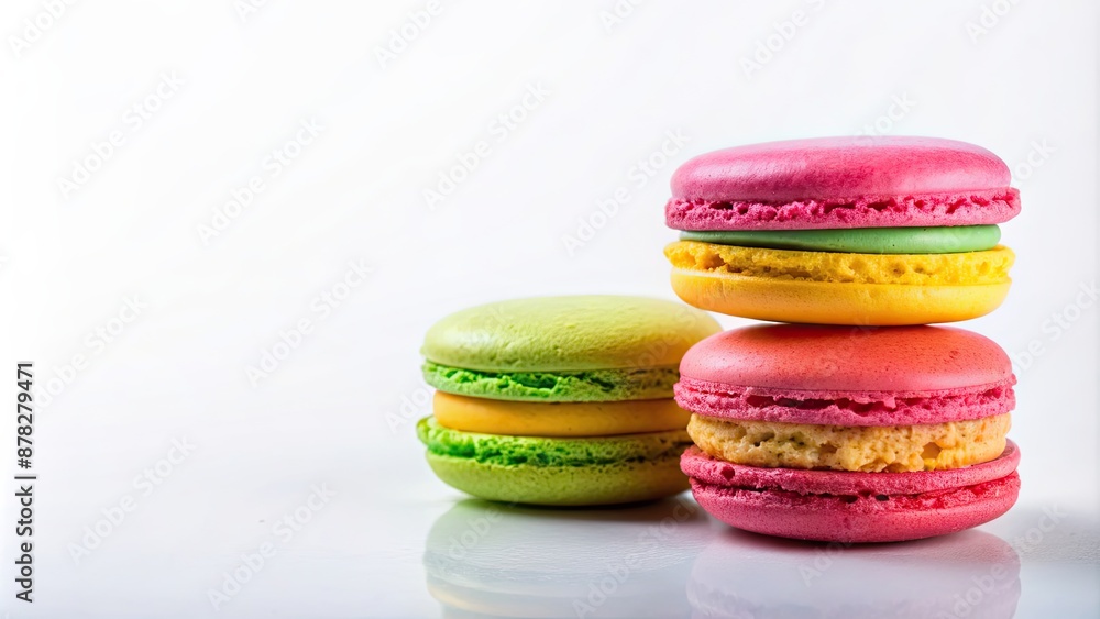 Wall mural Colorful macaron on a white background, macaron, colorful, dessert, sweet, French, pastry, bakery, confectionery, vibrant