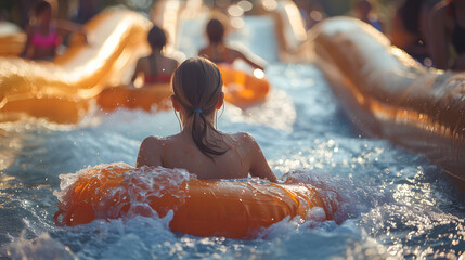 group of teenagers rides down colorful water slides at lively water park The excitement and fun of a summer day as the teens splash and race down the slides, creating dynamic and joyful scene