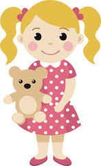 Fototapeta premium Illustration of a smiling girl with pigtails holding a teddy bear in a pink polka dot dress