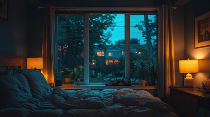 Cozy bedroom at night with warm lighting and window view outside.