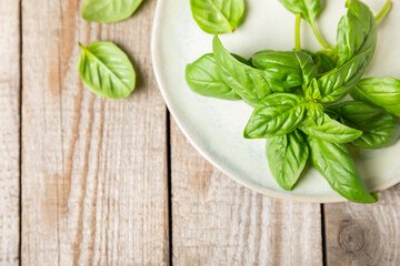 Green basil leaves on a textured wooden background. Kitchen herbs, spices. Fresh green organic basil. Vegan. Greens for salad. Place for text. Copy space.