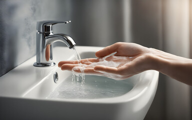 Clear focus on hands scrubbing with soap, promoting proper hand hygiene for health and cleanliness, bright bathroom