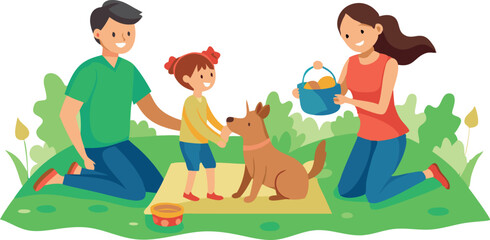 Happy family having a picnic in the park with their dog on a sunny day